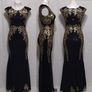 Faeriesty Black Gold Sequin Mermaid Gown XS Elegant Evening Bollywood Glam